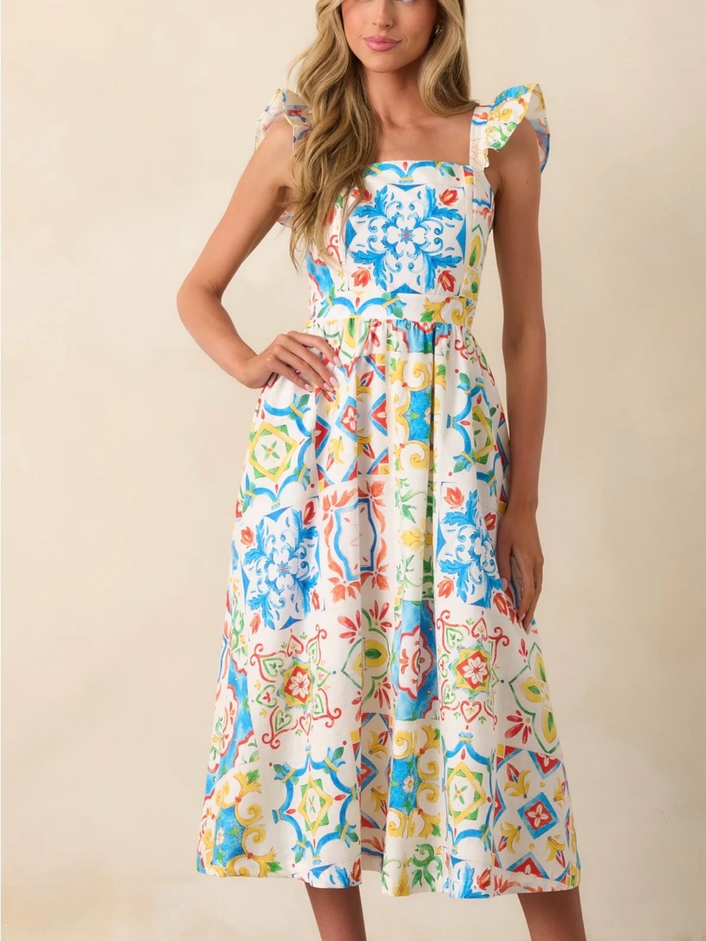 PROSPERINA NICOLA BLUE MULTI SICILIAN TILE PRINT LINEN RUFFLE MIDI